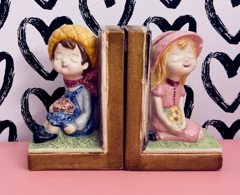 Vintage Ceramic Boy and Girl Bookends Mid Century Book Lover Decor Charming